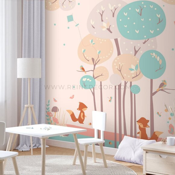 Fox and Rabbit Frolicking in a Pastel Forest Wallpaper | Whimsical Animal Wallpa - Picture 4 of 9